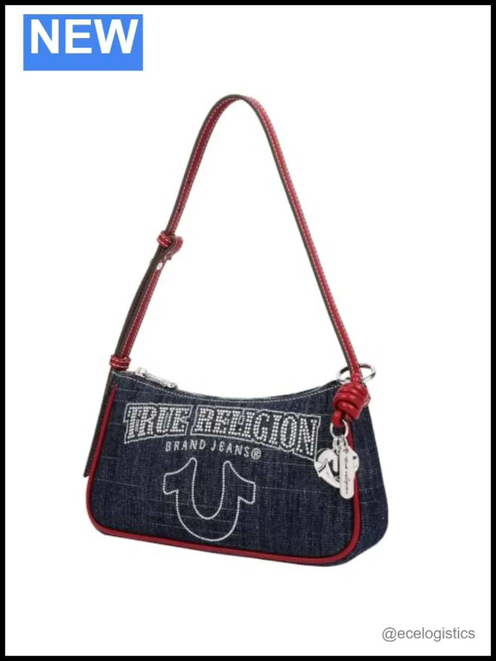 Denim-Blend Shoulder Bag with Rhinestone Logo, Adjustable Strap